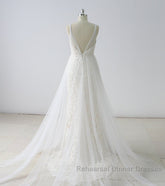 Simple Long A-line V Neck Tulle Wedding Dresses